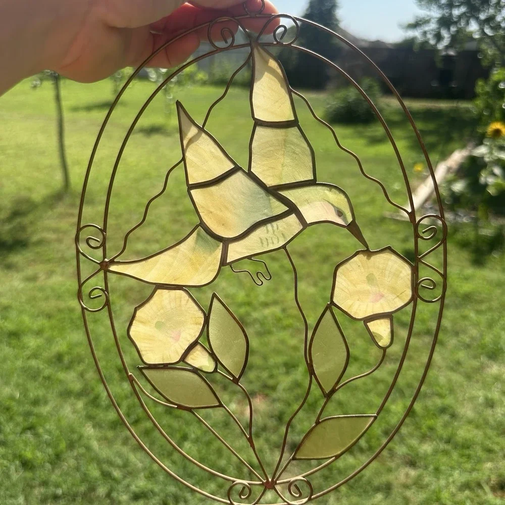 Capiz Shell Sun Catcher Hanging Hummingbird & Flower Ornament Copper Brass wire